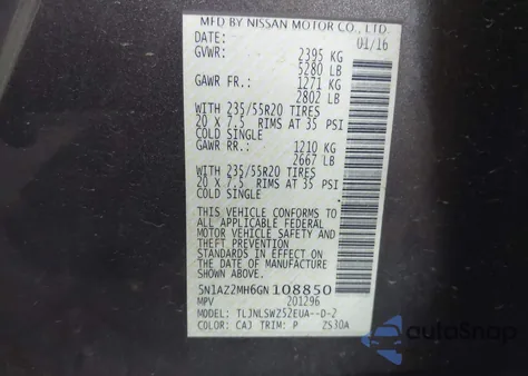 2016 Nissan Murano Platinum z USA, uszkodzony, nr VIN 5N1AZ2MH6GN108850